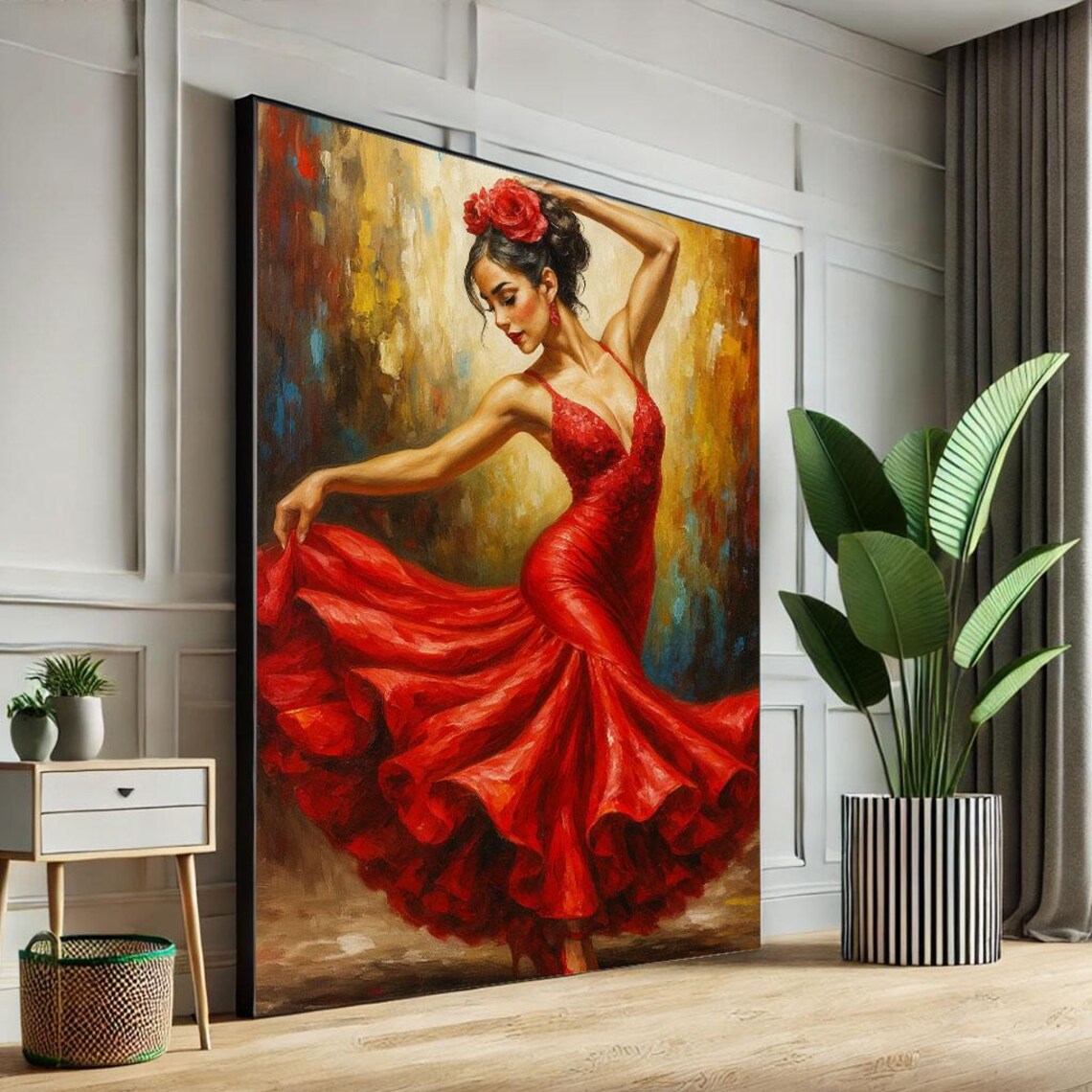 Passionate Flamenco Dancer In Swirling Red Dress Oil Art Poster