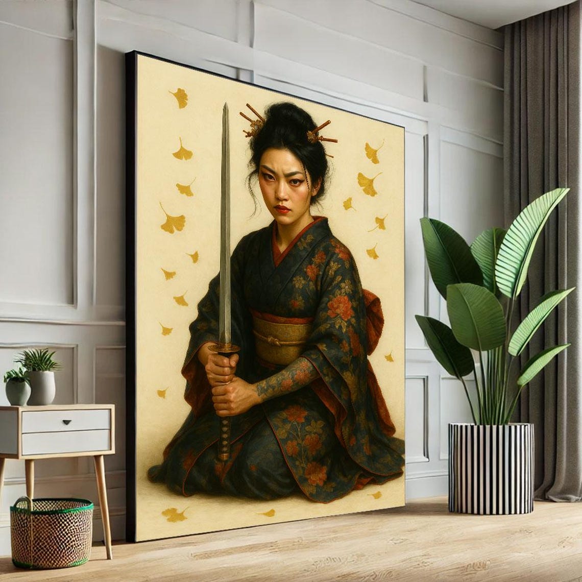 Female Warrior Kneeling with Katana Golden Ginkgo Leaves Art Poster