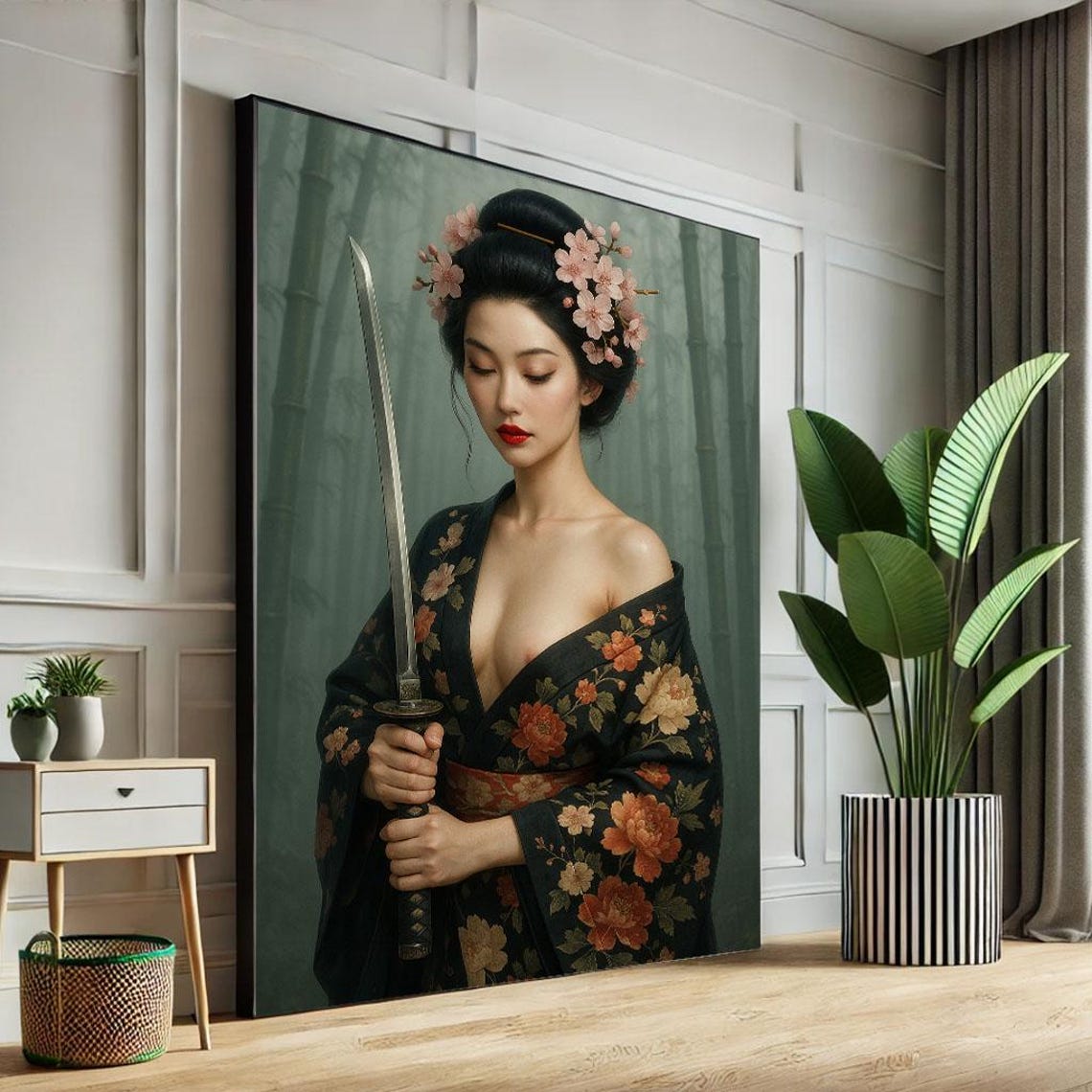 Elegant Geisha Holding Katana in Floral Kimono Bamboo Art Poster