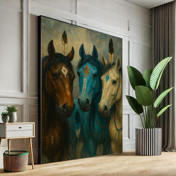 Majestic Tribal Horses Canvas Wall Art Print Rustic Living Room Decor Statement Piece For Collectors