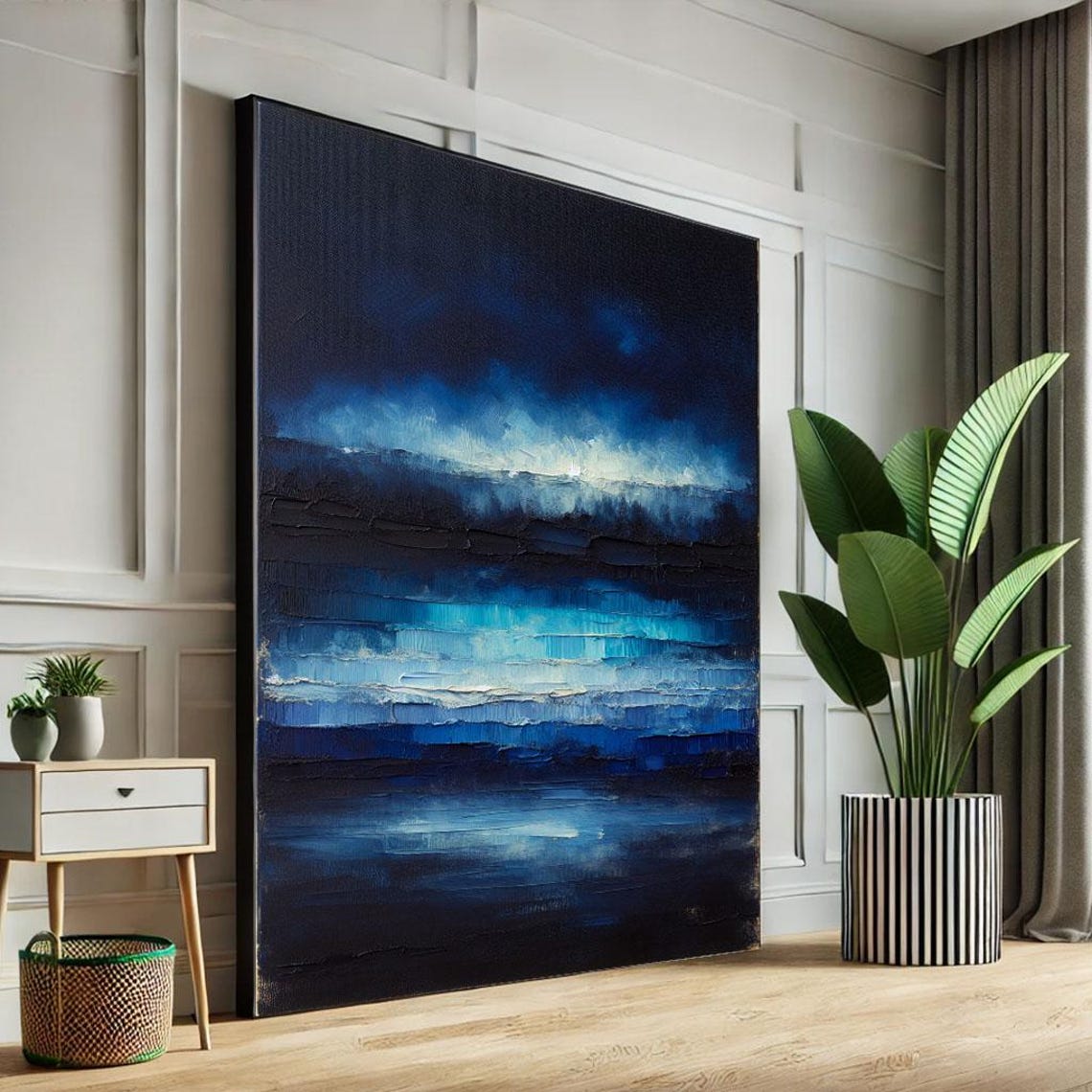 Dark Blue Ocean Storm Textured Abstract Waves Moody Art Poster