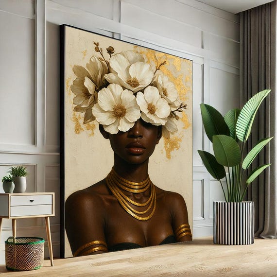 Bold African Woman With Floral Crown Canvas Wall Art Print Elegant Living Room Decor Statement Piece