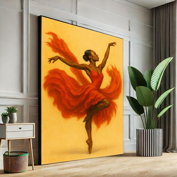 Graceful Black Ballerina In Red Dress Canvas Wall Art Print Elegant Living Room Decor Statement Piece