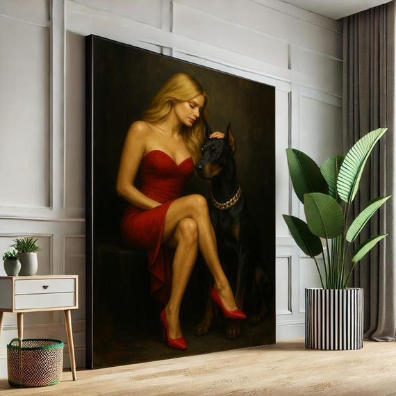 Blonde Woman And Doberman Canvas Luxury Portrait Wall Art Elegant Red Dress Painting Bold Home Decor Dog Lover Print