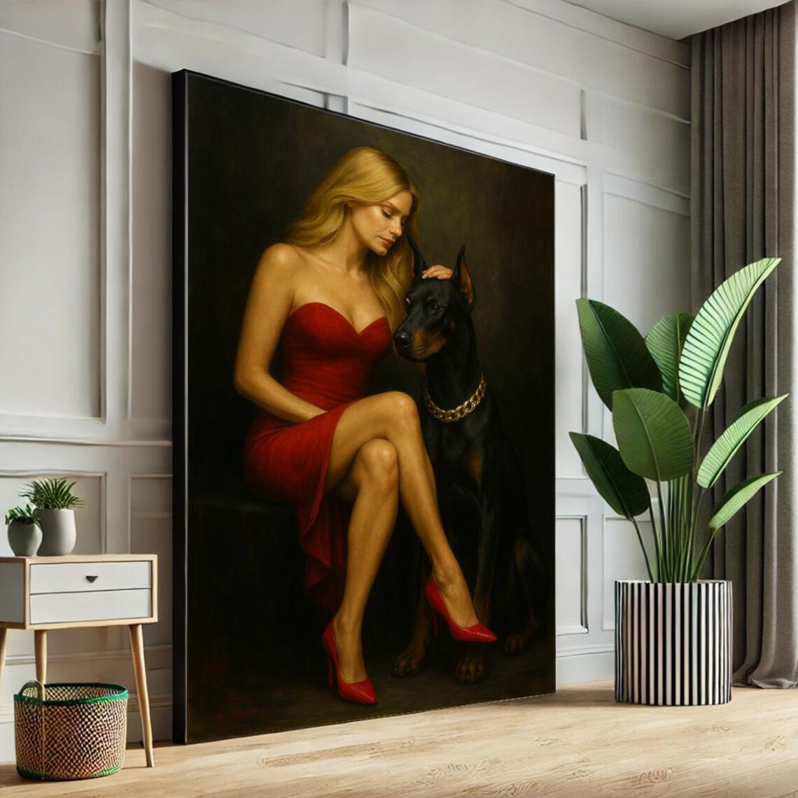 Blonde Woman in Red Dress with Doberman Dog Oil Style Poster