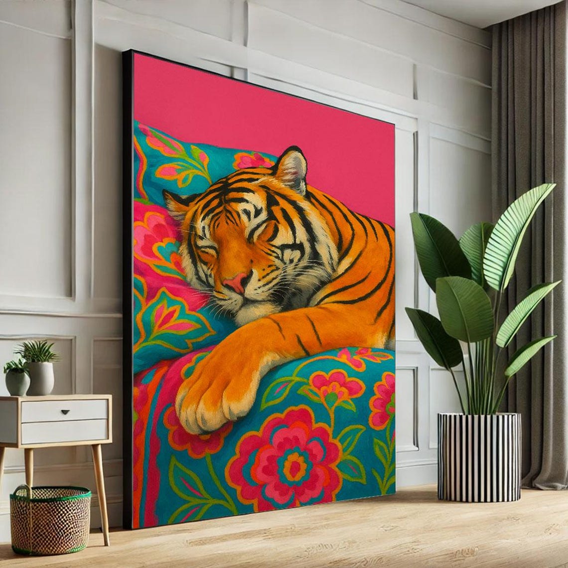 Sleeping Tiger On Vibrant Floral Canvas Wall Art Print Boho Bedroom Decor Statement Piece