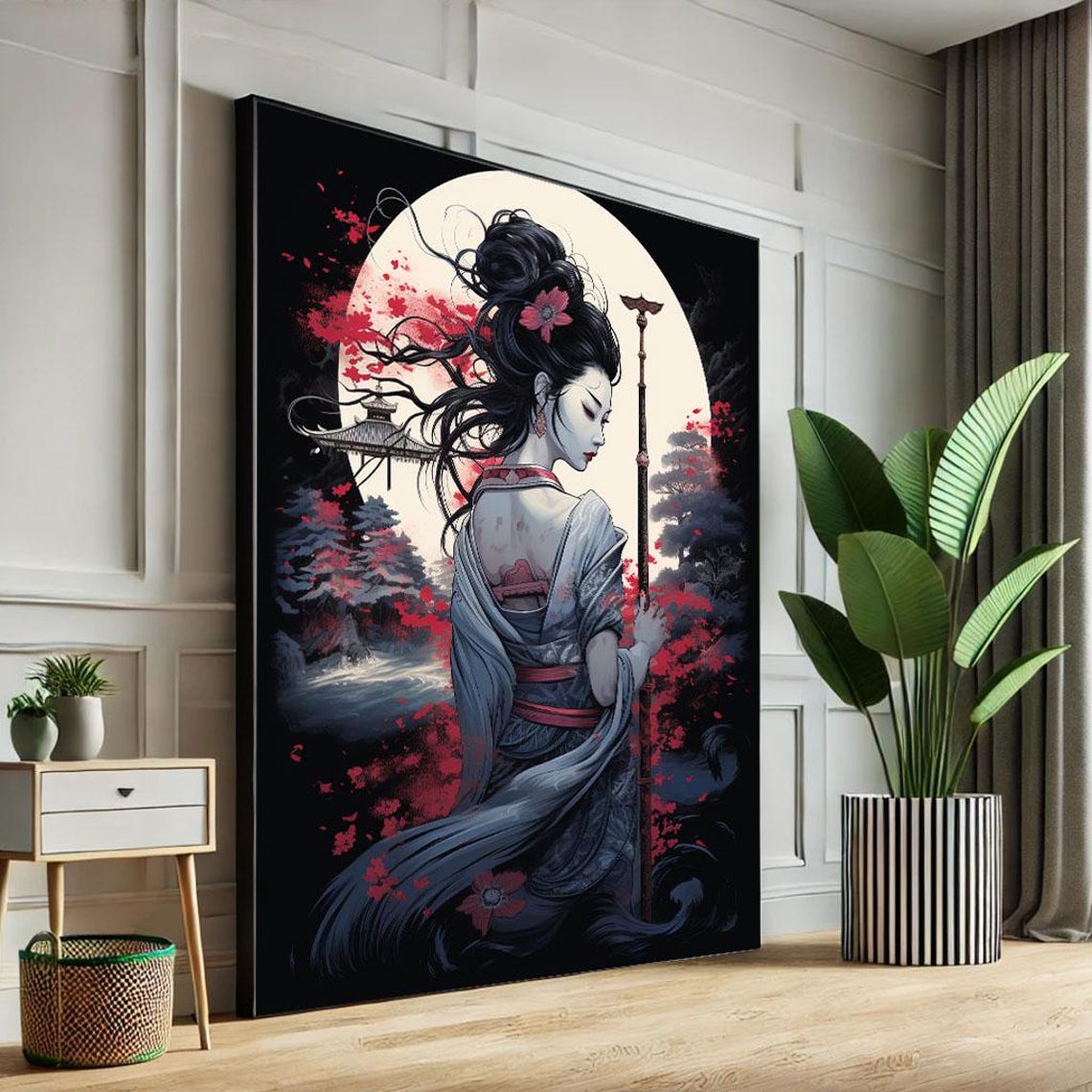 Geisha Silhouette Before Full Moon and Red Maples Art Poster