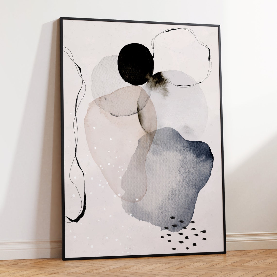 Grey Watercolor Blobs Abstract Neutral Blue Ink Speckled Art Poster - Image 2