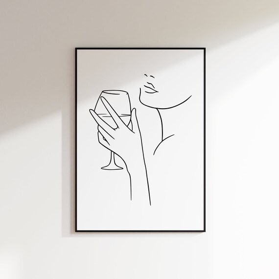 Woman Drinking Wine Minimalist Line Art Elegant Female Portrait Poster