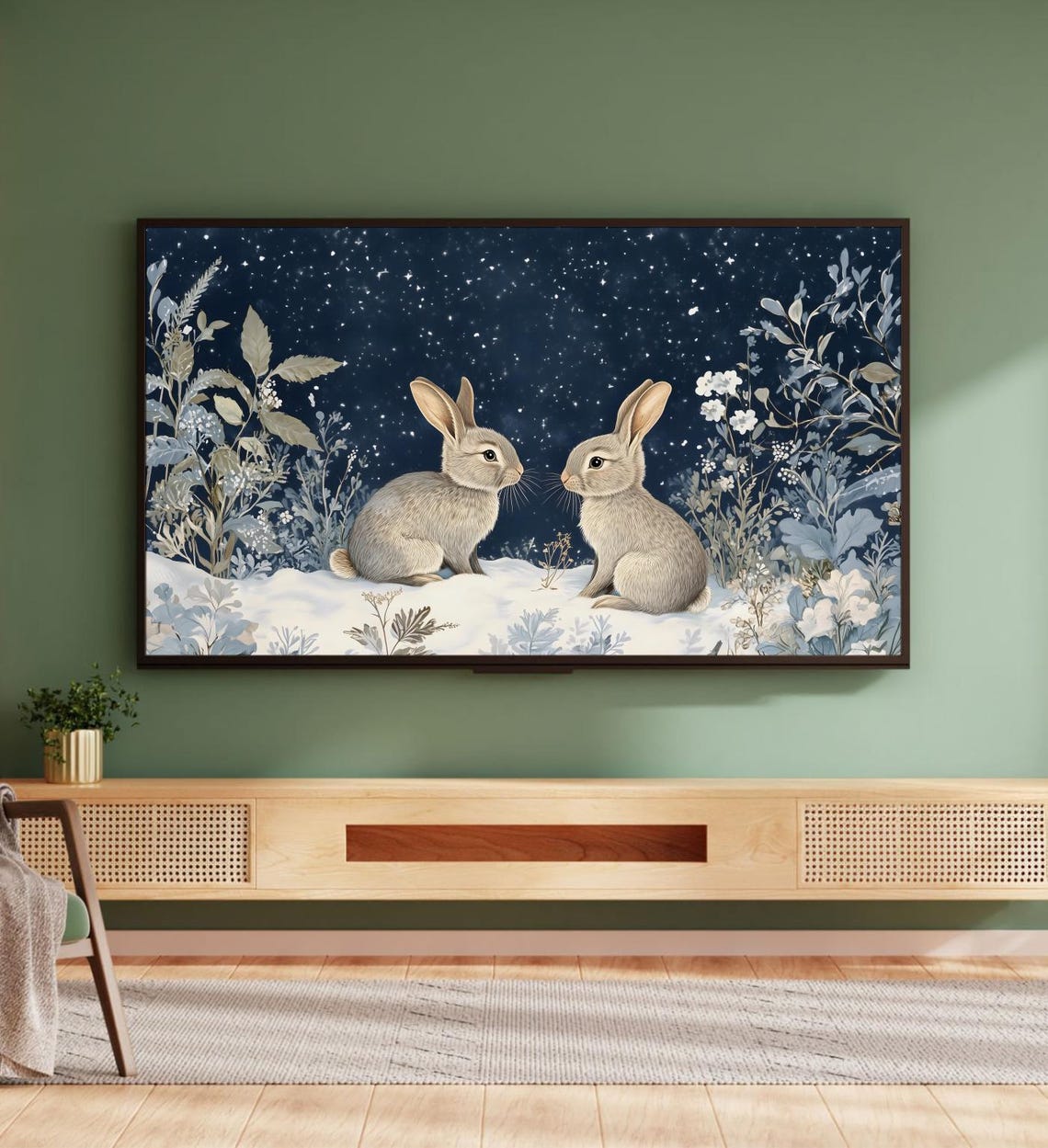 Two Rabbits Winter Night Starry Snow Sweet Bunny Painting Art Poster - Image 5