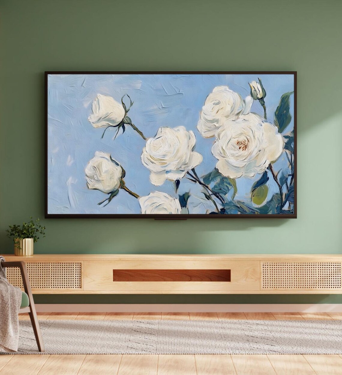 White Roses On Blue Sky Branch Textured Floral Oil Painting Art Poster - Image 5