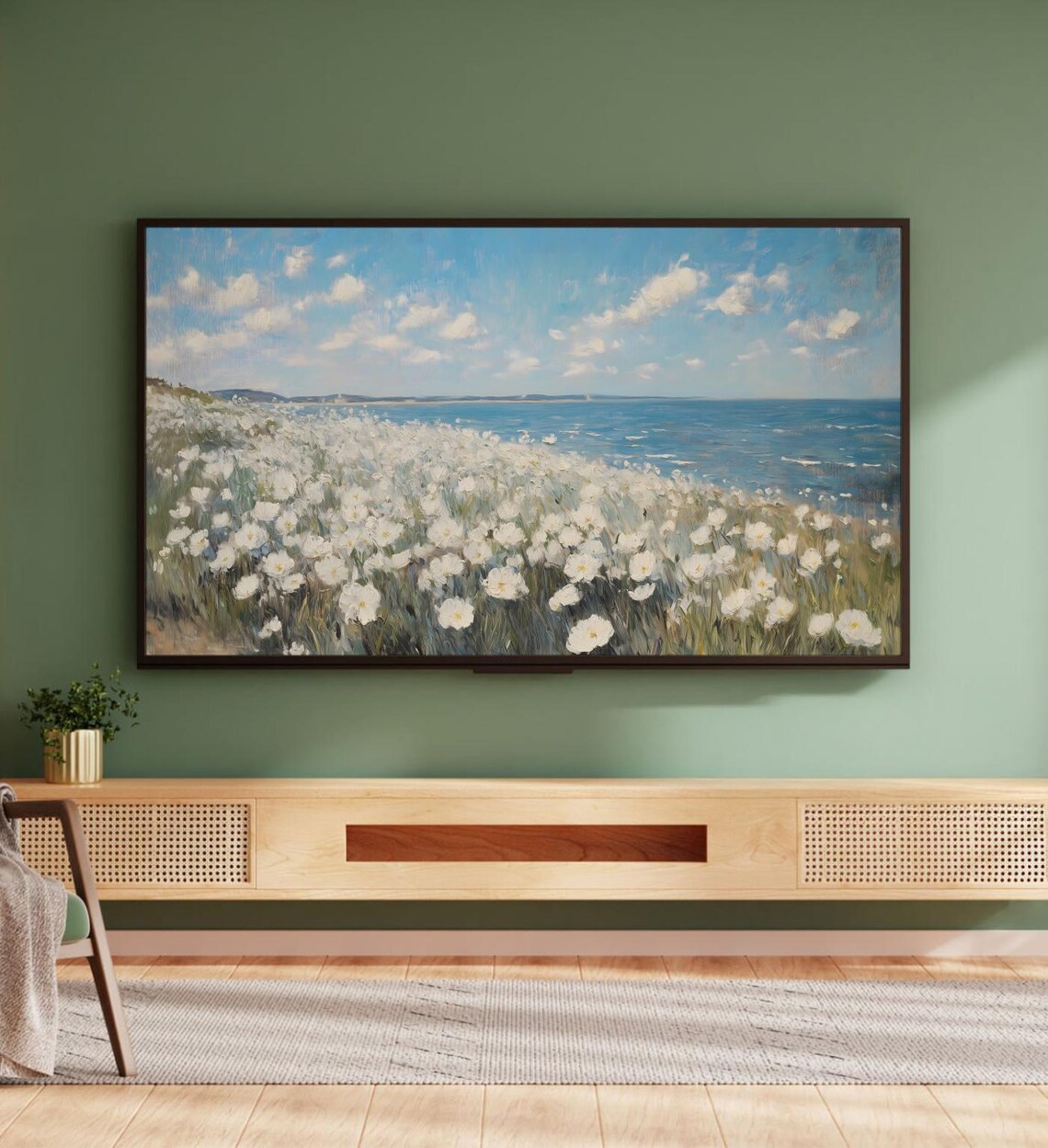 Coastal Wildflower Meadow White Blooms Ocean Horizon Summer Art Print - Image 5