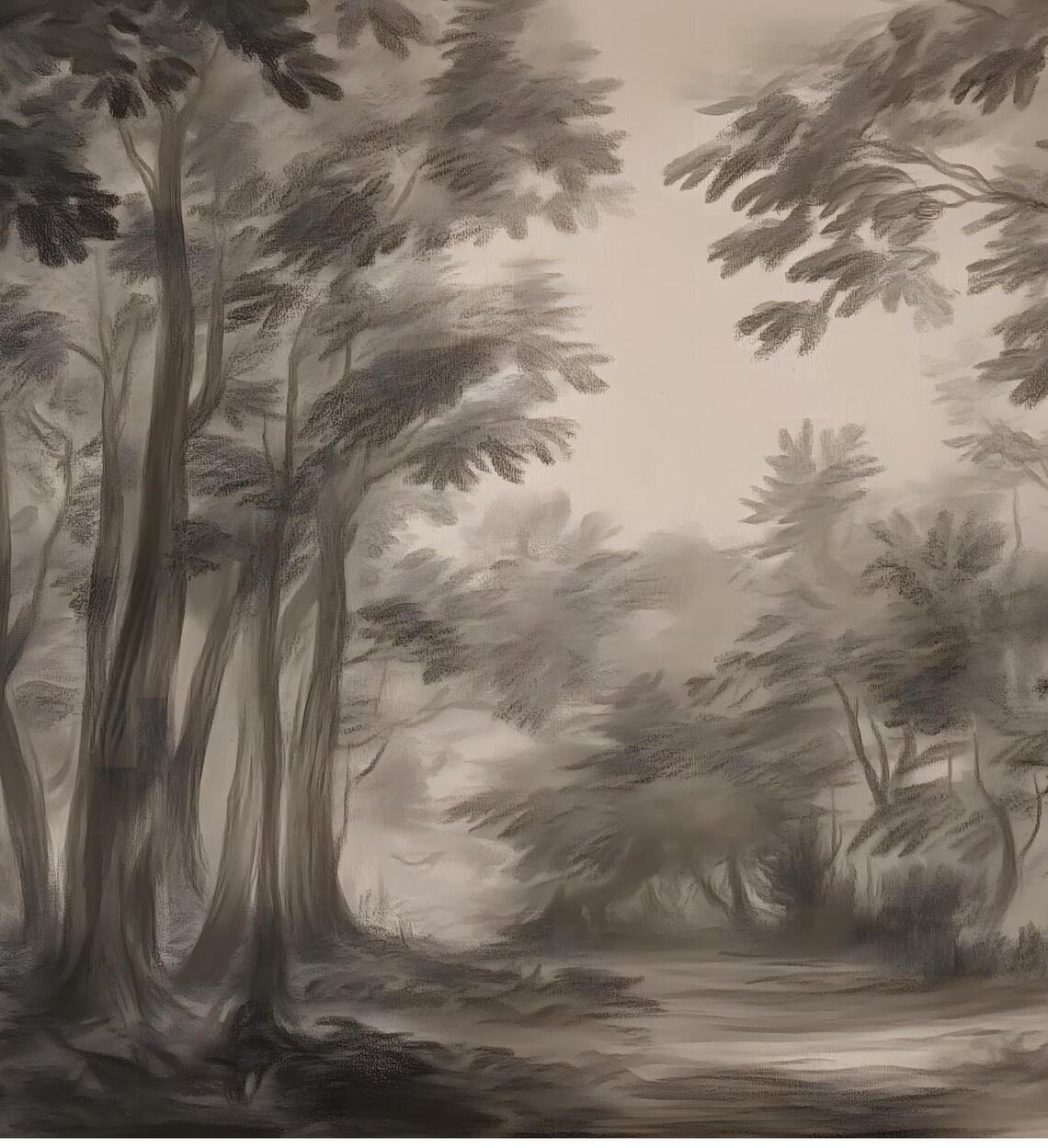 Dark Moody Forest Charcoal Sketch Antique Woodland Landscape Art Print - Image 6