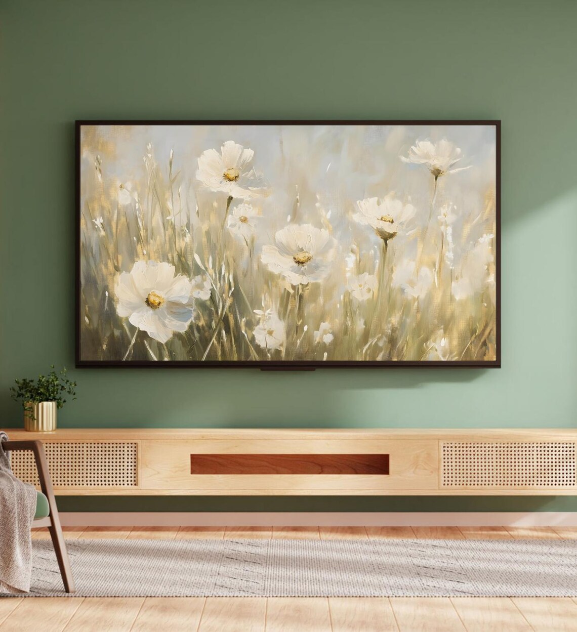 White Cosmos Flowers Golden Meadow Soft Vintage Floral Painting Poster - Image 5