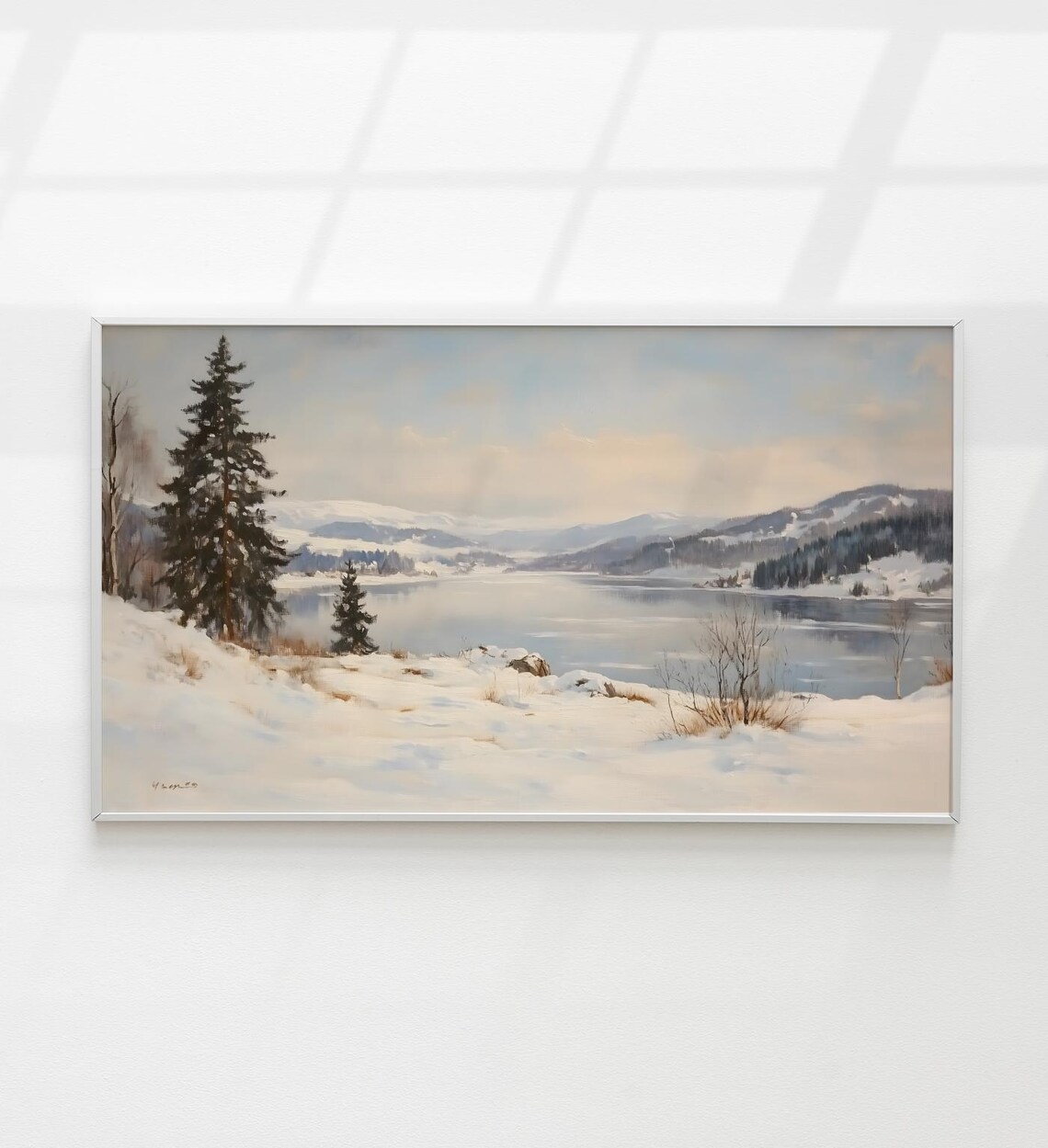 Vintage Winter Lake Snowy Pine Forest Mountains Landscape Art Poster