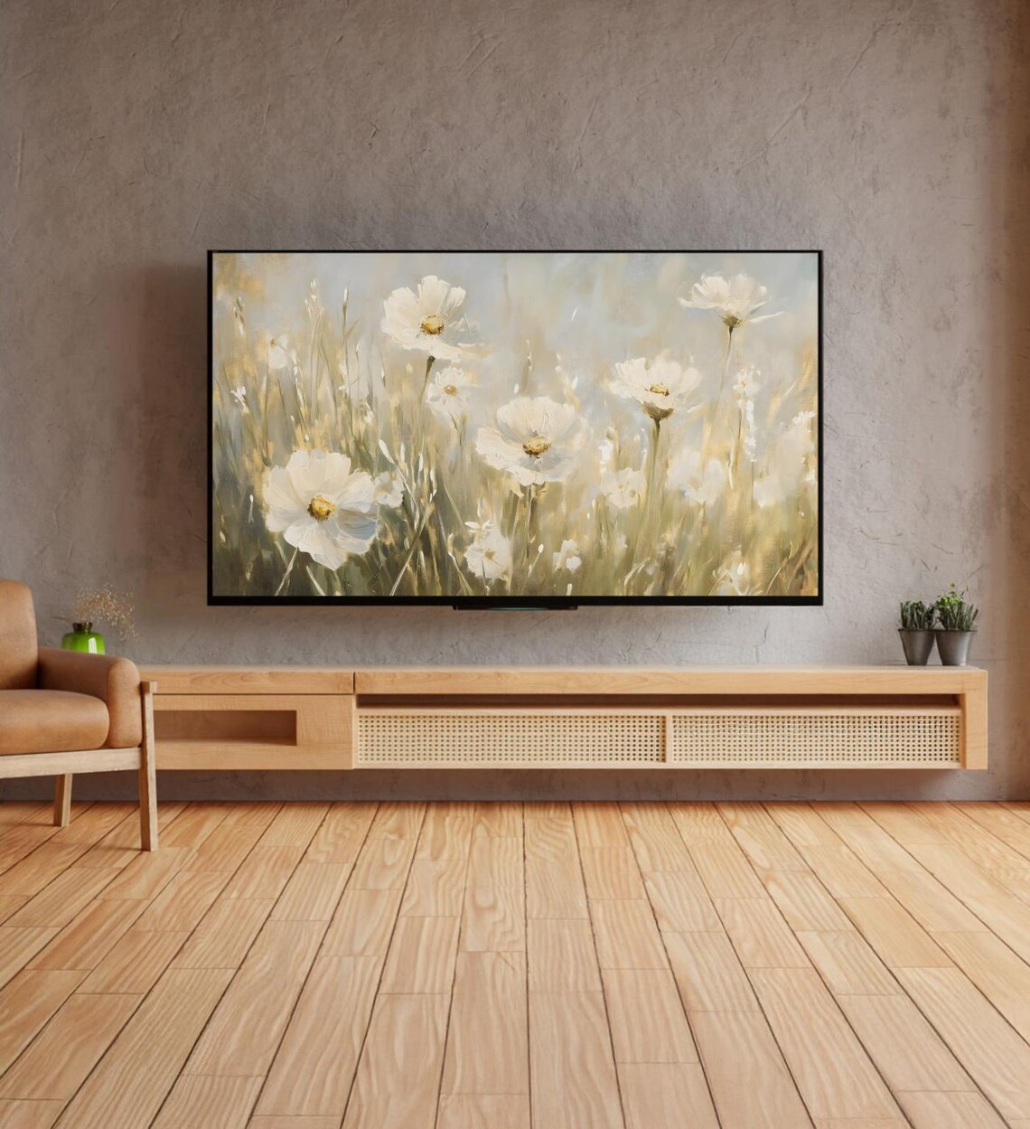 White Cosmos Flowers Golden Meadow Soft Vintage Floral Painting Poster - Image 4