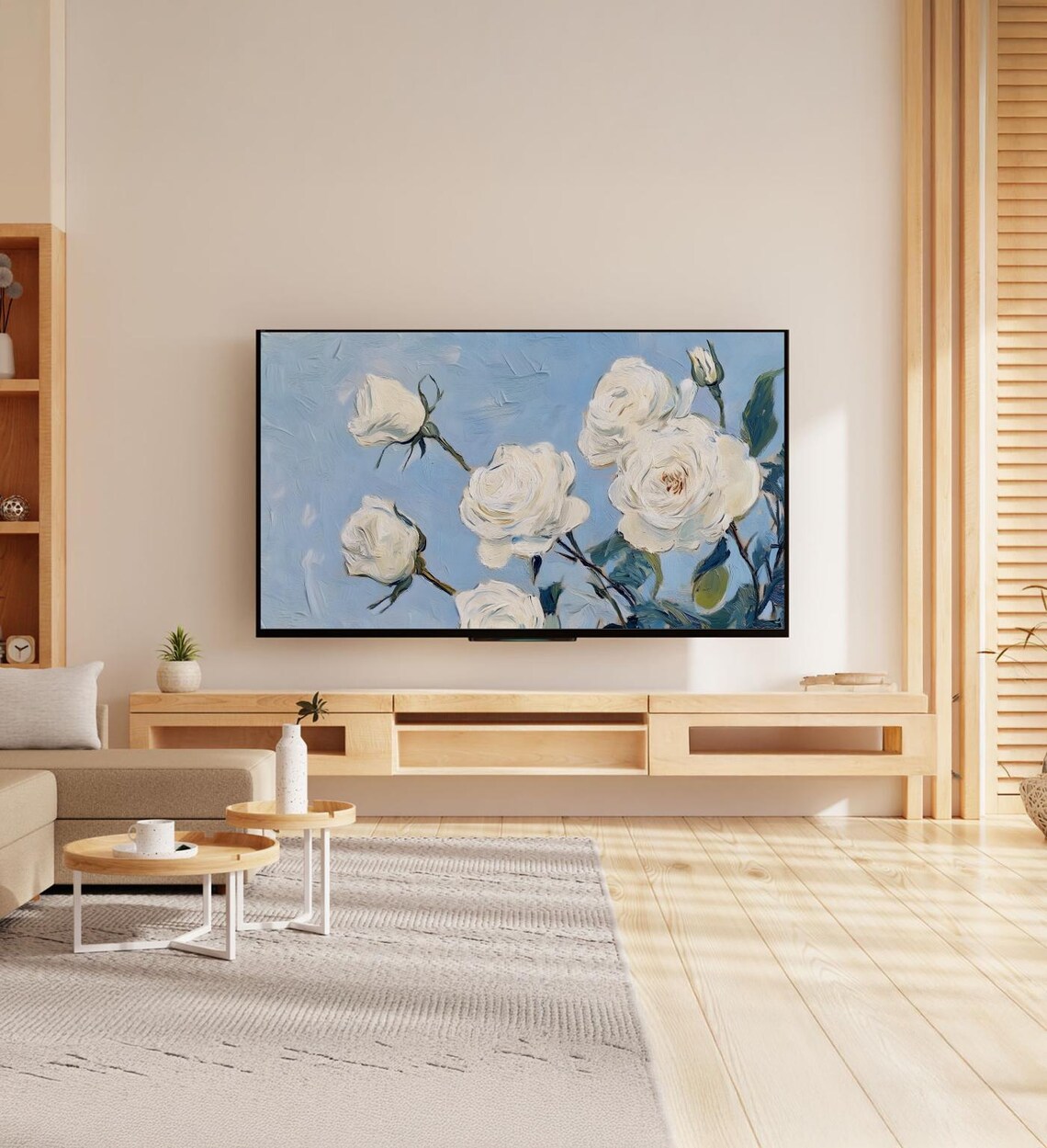 White Roses On Blue Sky Branch Textured Floral Oil Painting Art Poster - Image 7
