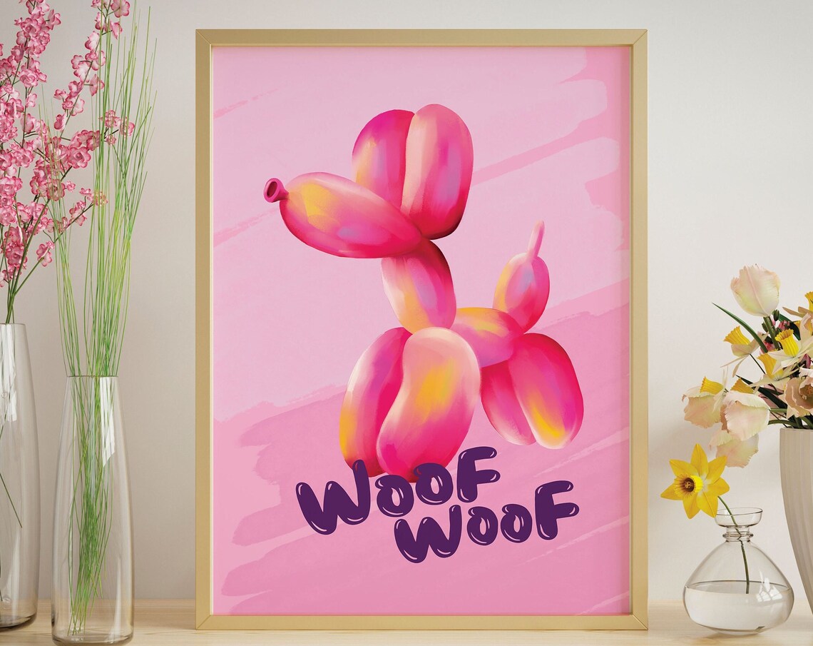 Pink Balloon Dog Woof Woof Poster Fun Kids Room Pop Art Decor