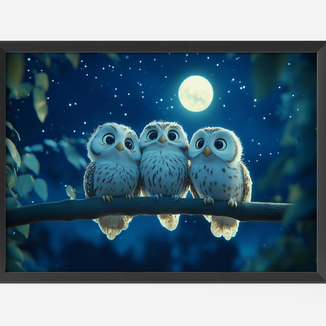 Moonlit Trio Night Print Spookycute Owls Starry Sky Kids Decor Instant