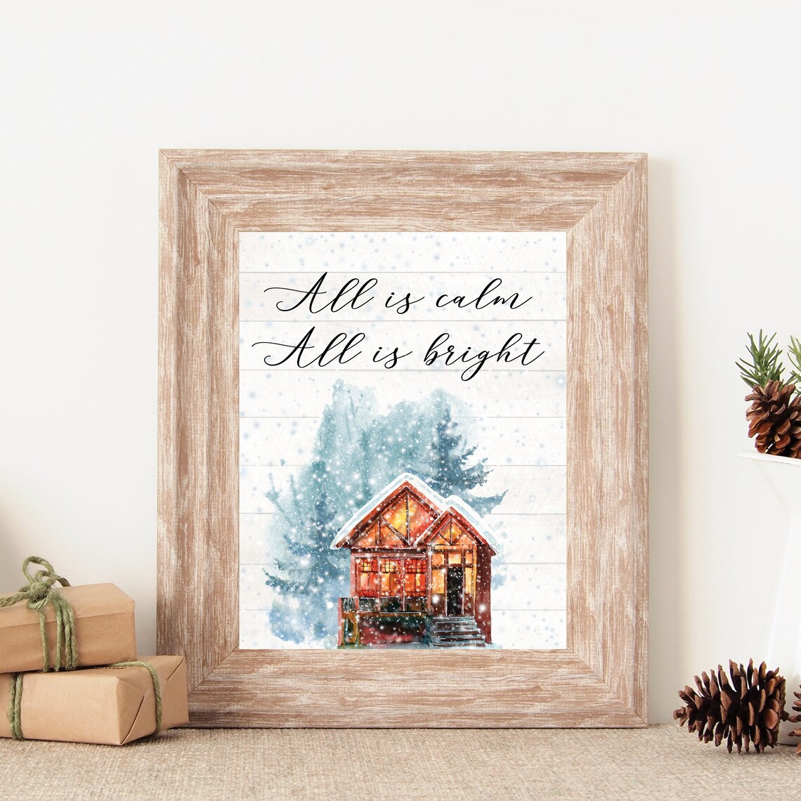 All Is Calm All Is Bright Snowy Cabin Watercolor Christmas Poster