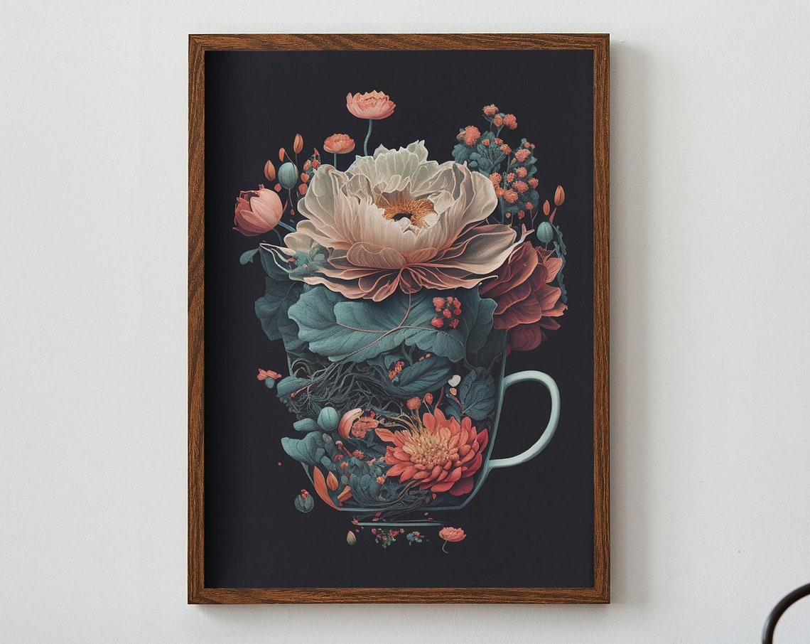 Coffee Cup Overflowing Peony Blooms Dark Botanical Art Poster