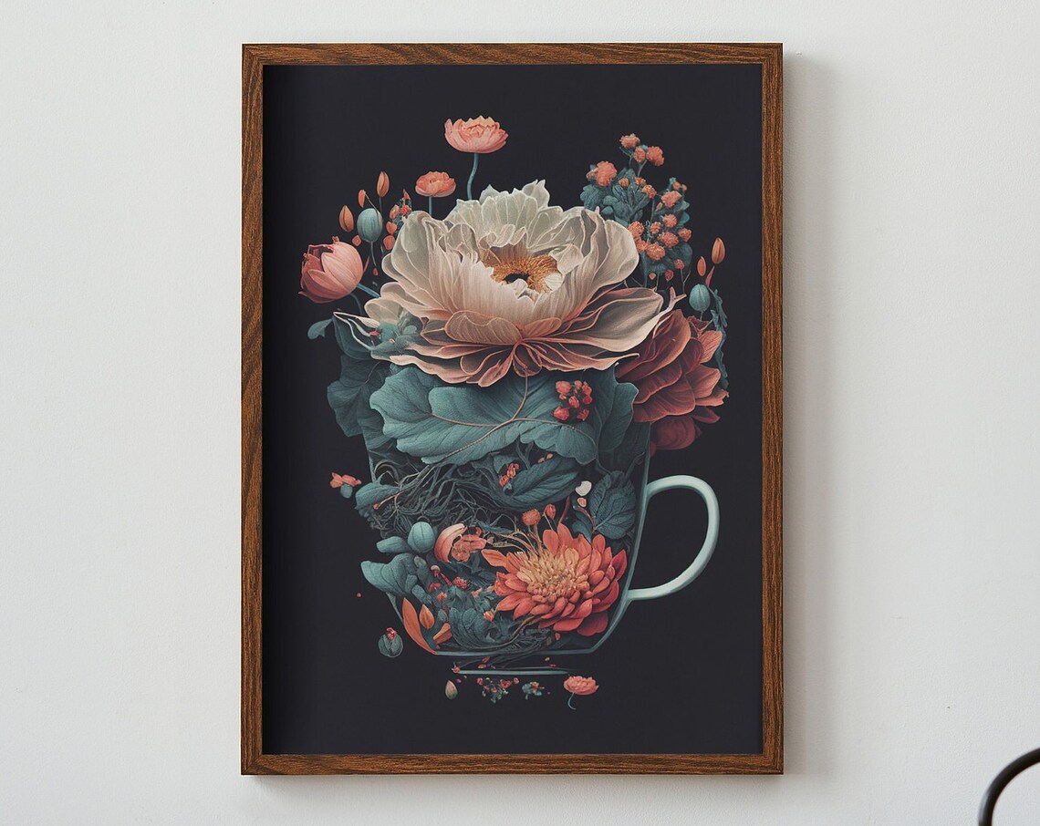 Surreal Floral Bouquet In Coffee Cup Moody Botanical Art Poster
