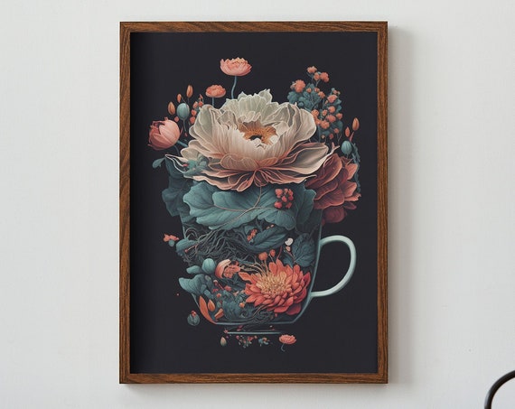 Surreal Coffee Cup Art Print Goblin Core Floral Cup Poster Moody Nature Flowers Coffee Cup Wall Art Coffee Cafe Wall Decor Aesthetic