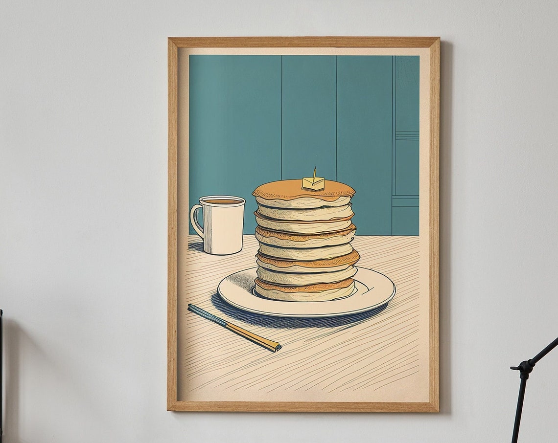 Retro Diner Pancake Stack Illustration with Coffee Cup Poster