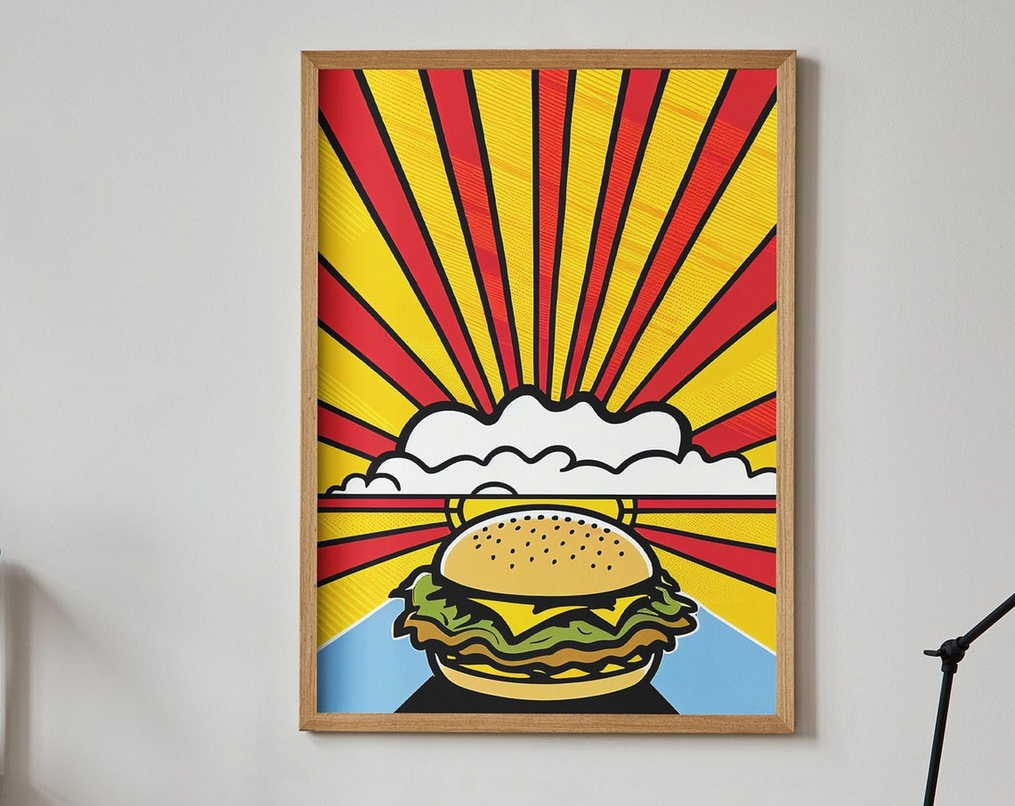 Pop Art Cheeseburger Rising Sun Burst Retro Diner Art Poster