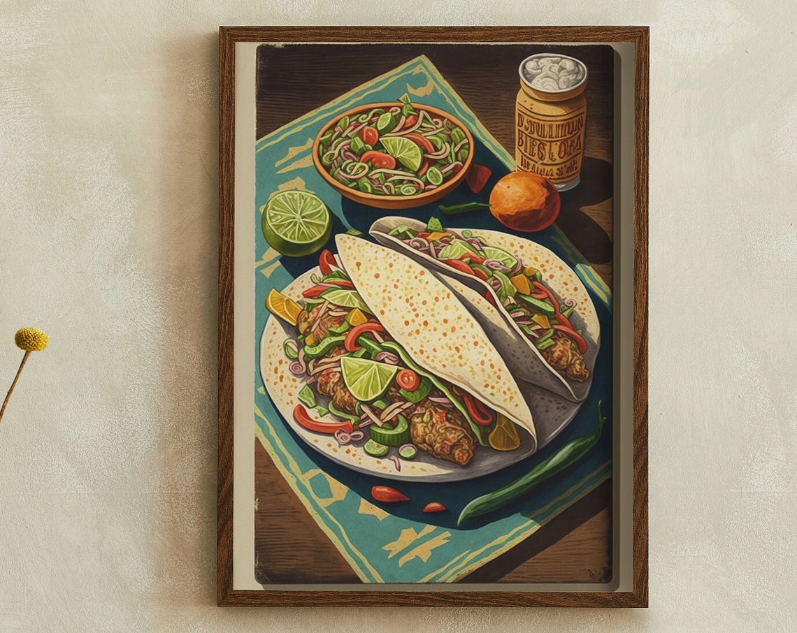 Street Tacos Salsa Bowl Lime Retro Mexican Kitchen Art Poster