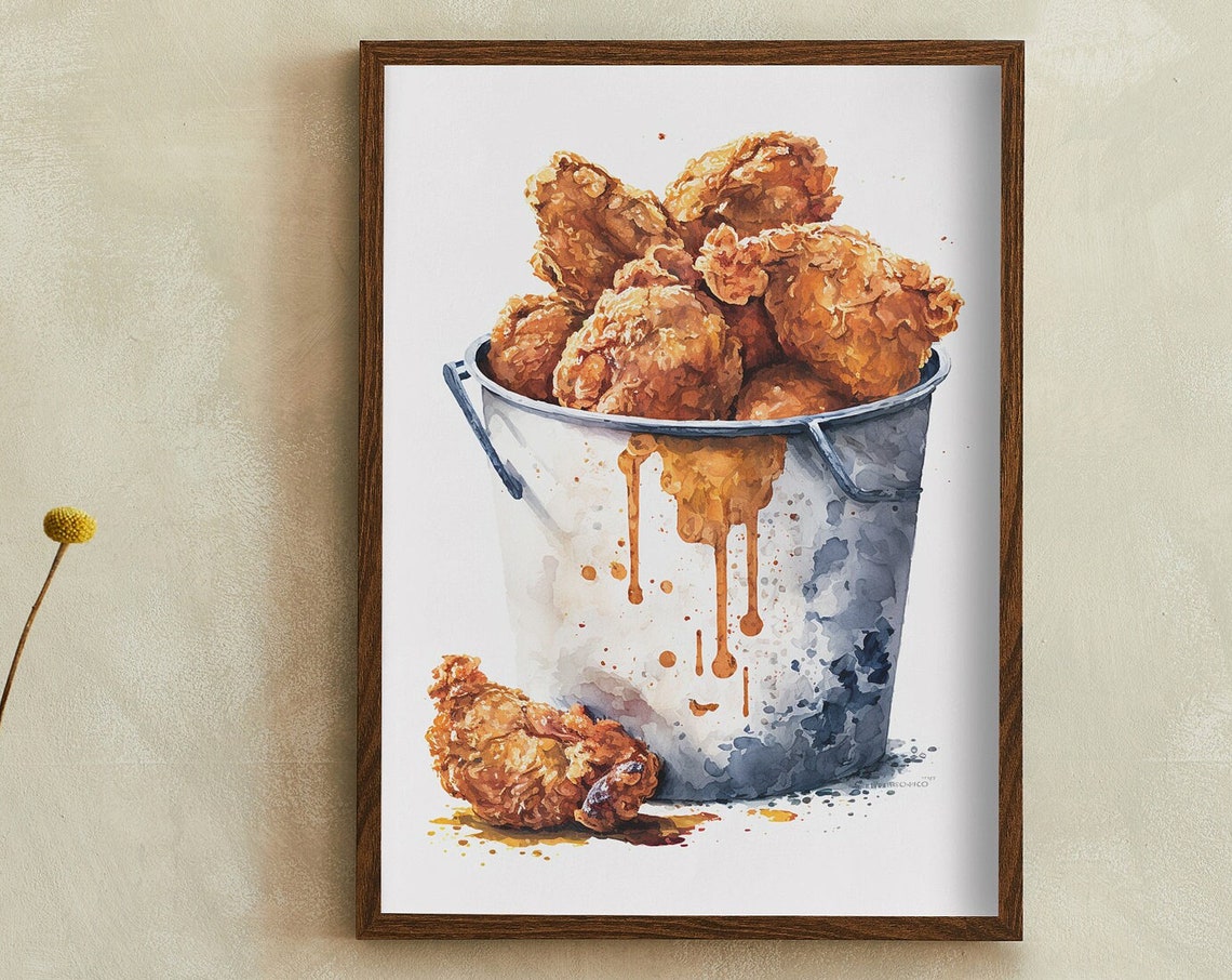 Crispy Fried Chicken Bucket Watercolor Kitchen Food Art Poster