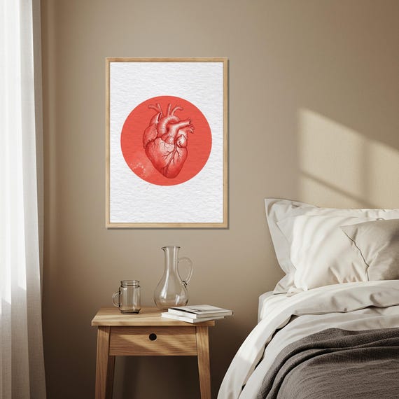Anatomical Heart Wall Art Red Illustration Print Modern Abstract Medical Inspired Poster Decor