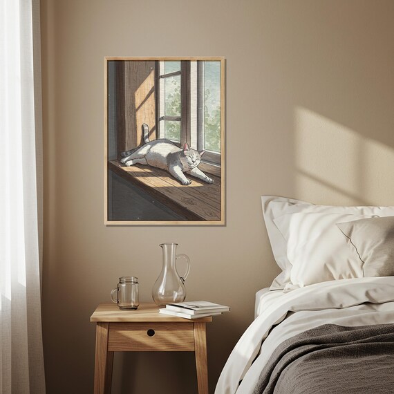Sleeping Cat On Sunny Windowsill Print Cozy Rustic Home Decor Artwork