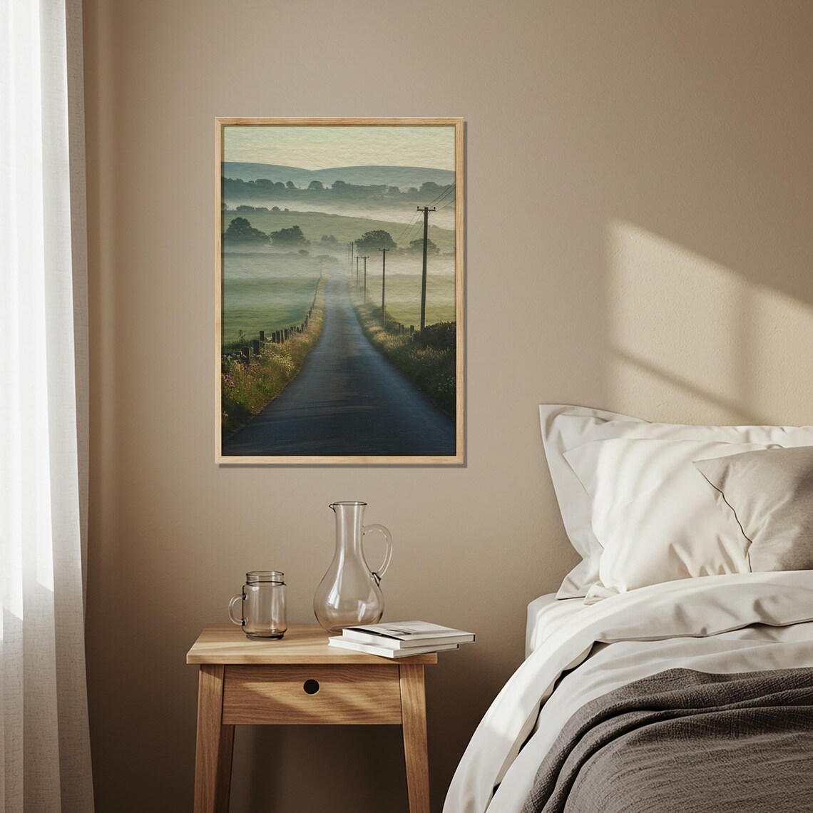 Misty Country Road at Dawn Through Green Hills Rustic Wall Print