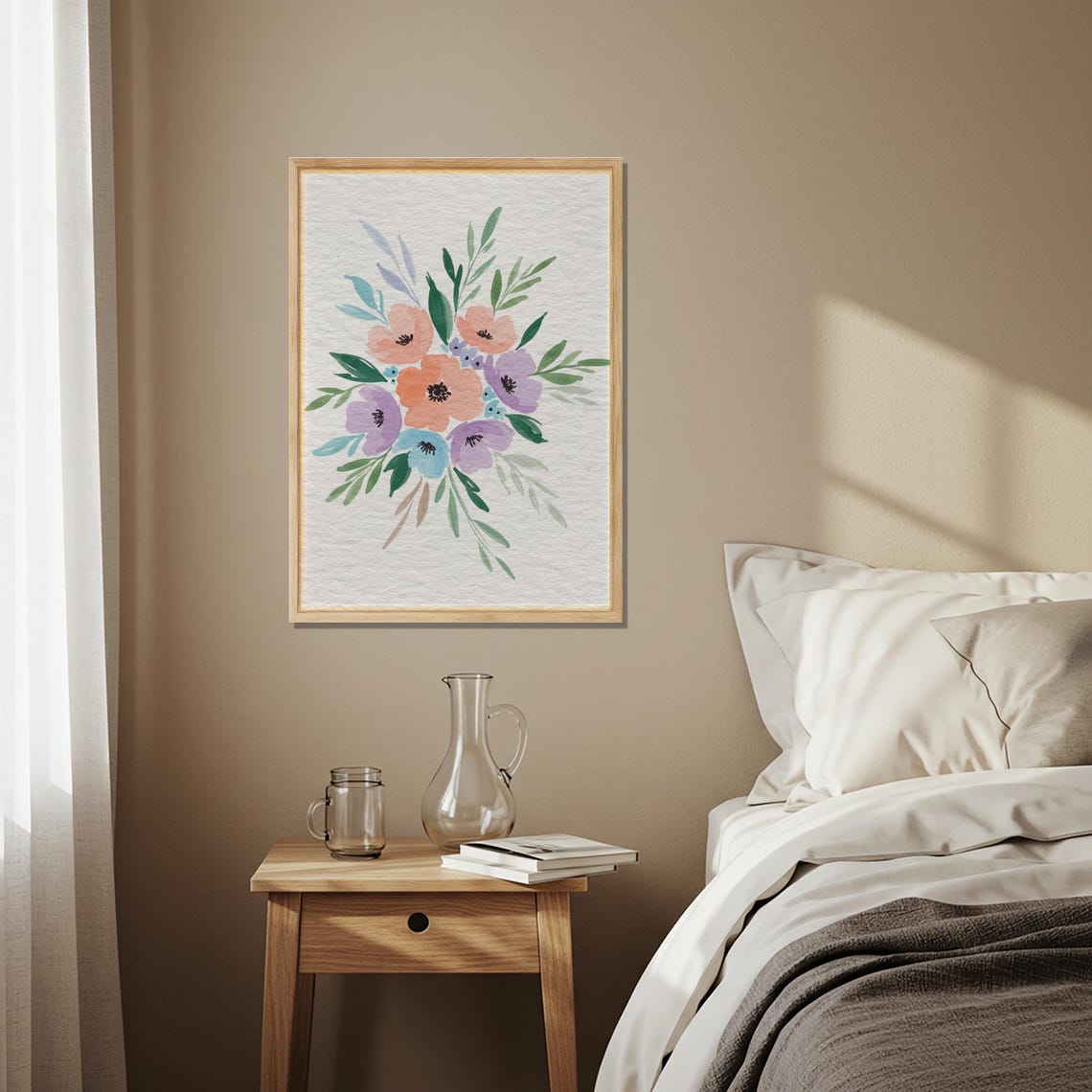 Soft Pastel Watercolor Flower Bouquet Hand Painted Botanical Wall Art