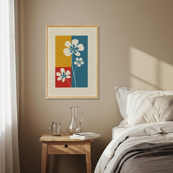 Retro Floral Wooden Poster Mid Century Style Flower Wall Art Bold Color Block Print On Wood For Modern Boho Vintage Decor