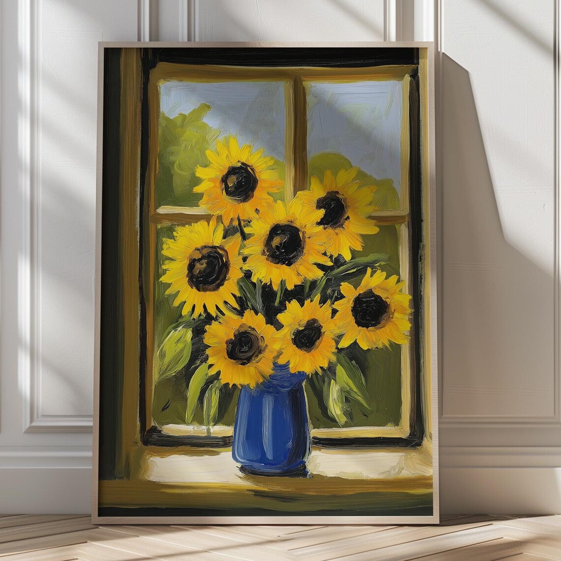 Sunflowers in Blue Vase by Dark Window Bold Floral Art Poster