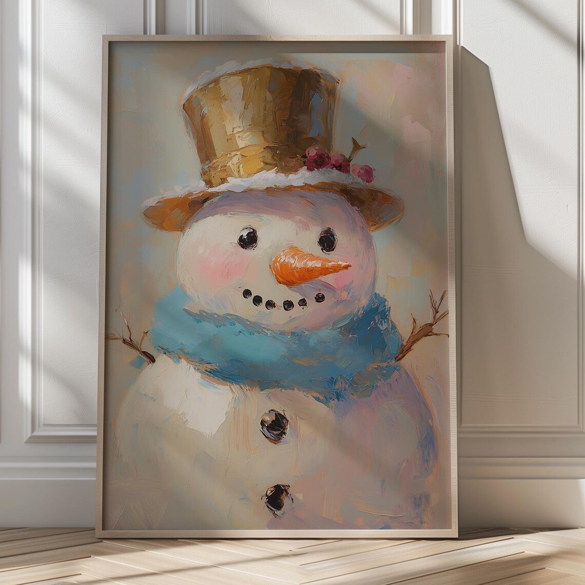Smiling Snowman With Golden Top Hat And Blue Scarf Winter Poster