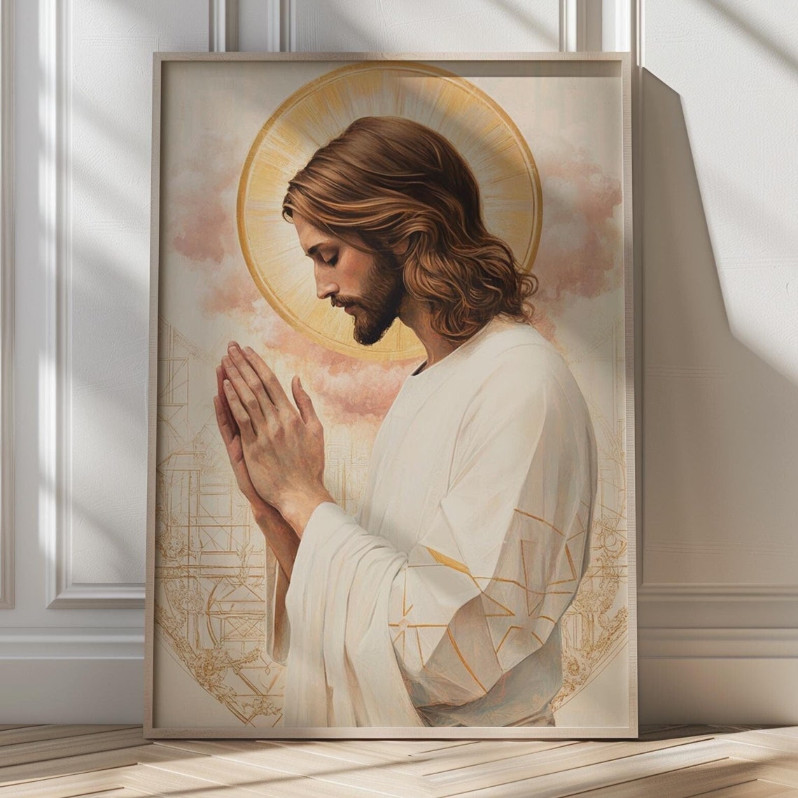 Jesus in Prayer With Halo Hands Folded Devotional Art Poster