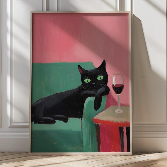 Sassy Black Cat Lounging with Wine Glass Fun Modern Art Poster