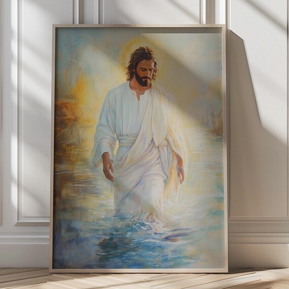 Jesus Walking on Water in Flowing White Robes Christian Art Poster