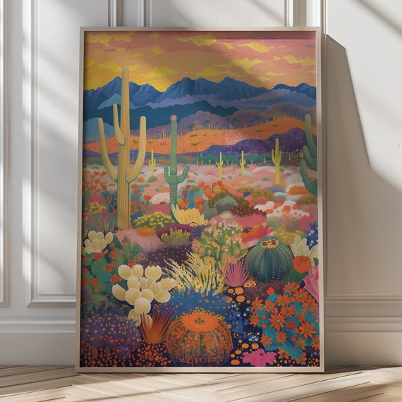 Vibrant Western Sunset Art Print Maximalist Wall Decor Bold Cactus Landscape Living Room Art Texas Art Poster Art Rainbow Print Art