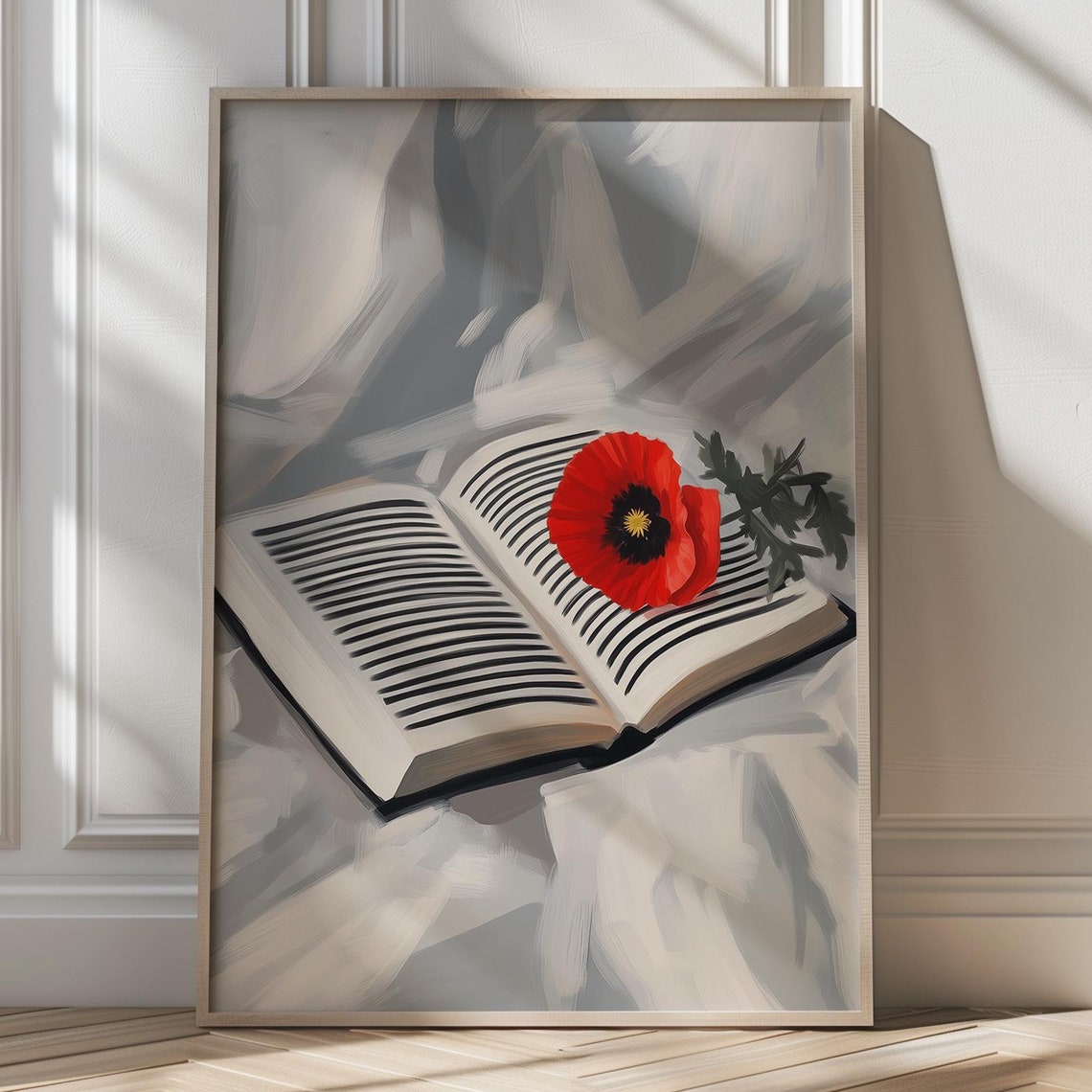 Open Book With a Single Red Poppy Minimalist Literary Art Poster