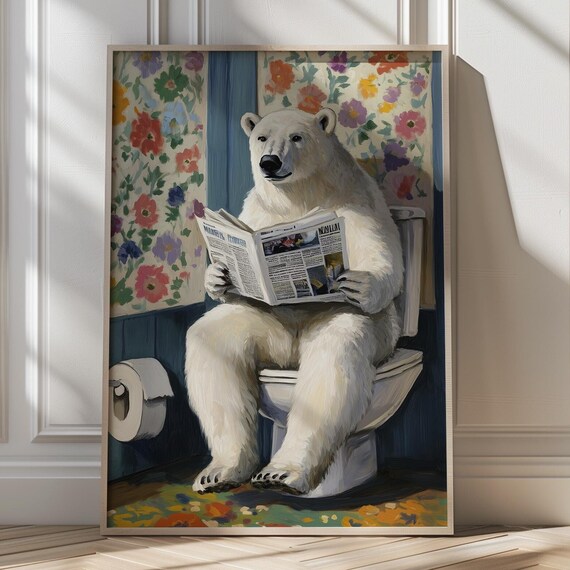 Polar Bear Reading The Newspaper On The Toilet Funny Bathroom Art Poster