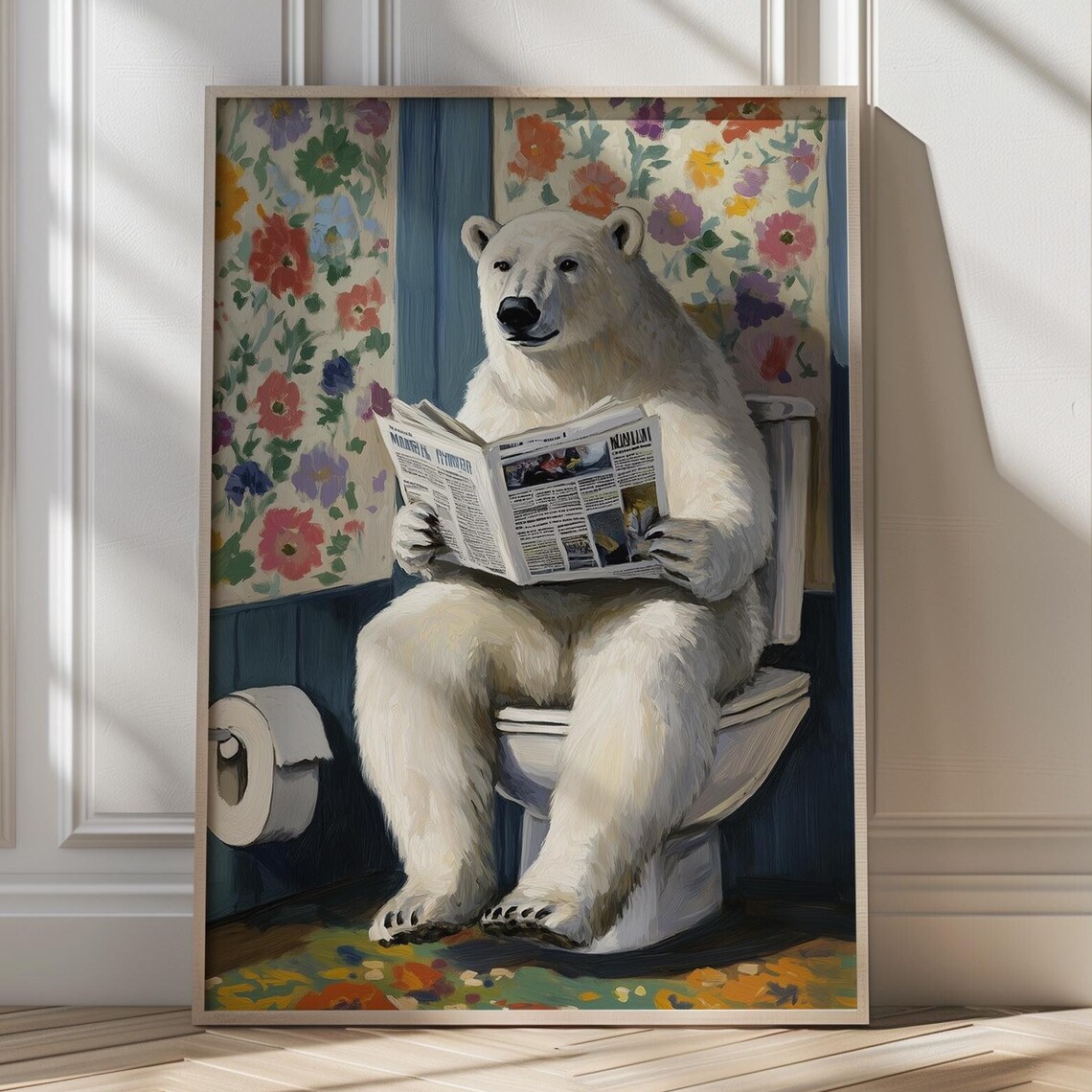 Polar Bear Reading The Newspaper On The Toilet Funny Bathroom Art Poster