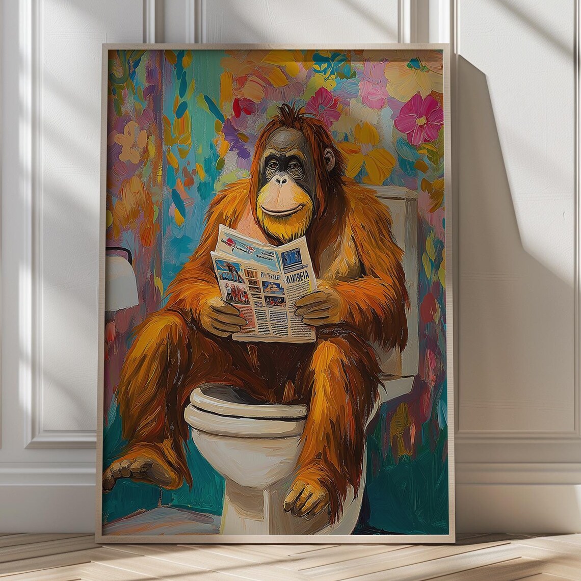 Funny Orangutan Reading Newspaper on the Toilet Bathroom Poster