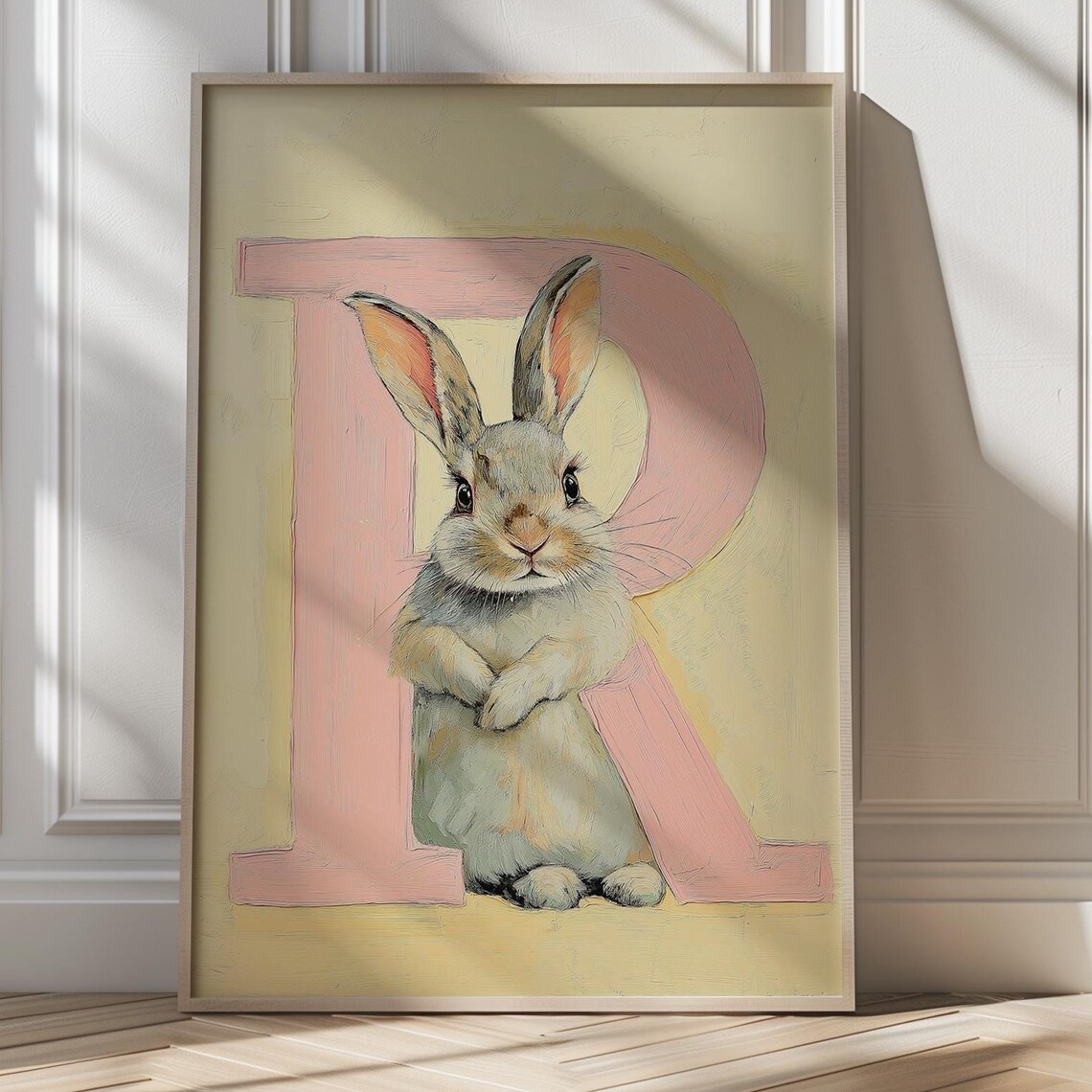 Rabbit Letter R Pastel Nursery Art Poster for Baby Room Wall Decor