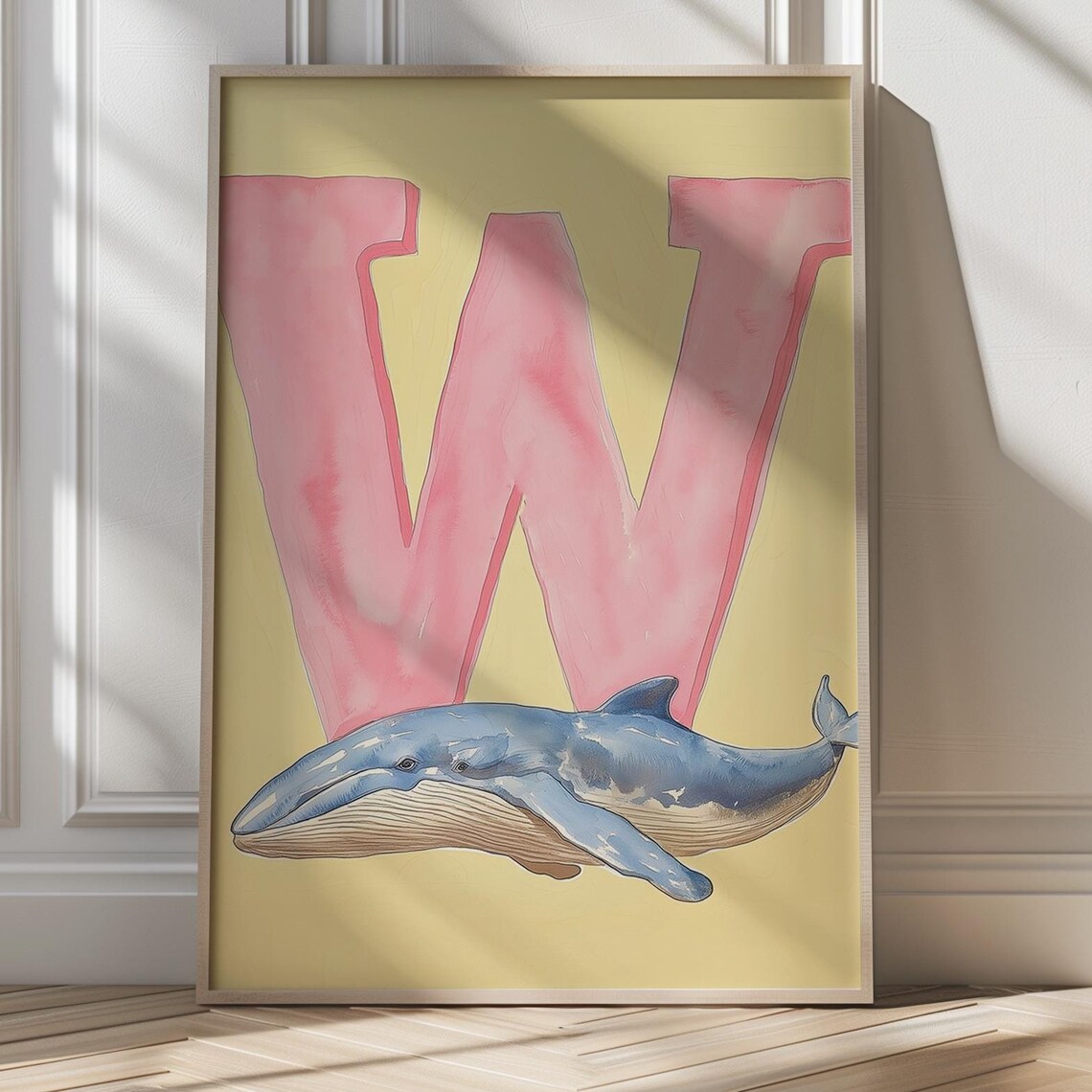 Big Pink Letter W With Blue Humpback Whale Nursery Alphabet Poster