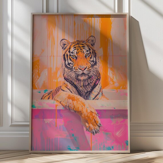 Tiger Relaxing In A Pink Bathtub Playful Bathroom Animal Poster