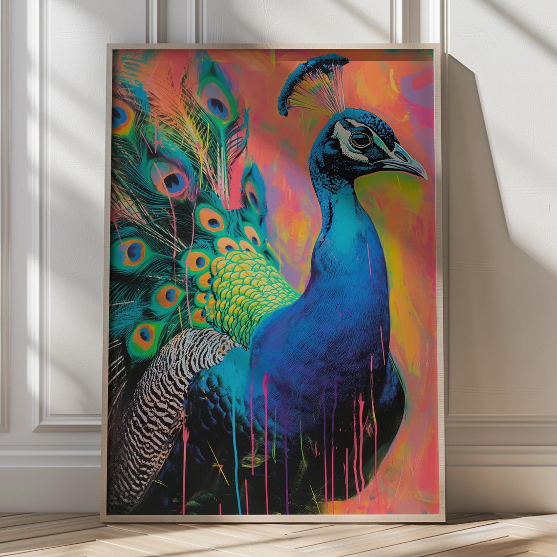 Electric Blue Peacock Neon Maximalist Colorful Bird Art Poster